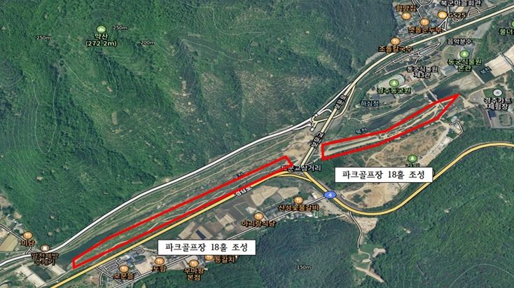 경주시 보문동 동궁원 인근 북군동 일원에 조성될 예정인 파크골프장 위치도. 경주시는 이 일대 하천부지에 36홀 규모의 파크골프장을 단계적으로 조성할 계획이다.