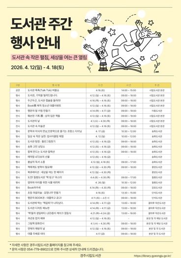 경주시립도서관이 제62회 도서관주간을 맞아 4월 12일부터 18일까지 본관과 분관, 작은도서관 7개관에서 다양한 독서문화행사를 운영한다